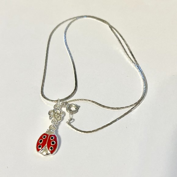 Silver Red Ladybug Pendant Necklace Crystal Plated 18" Chain Insect Enamel - Picture 8 of 12
